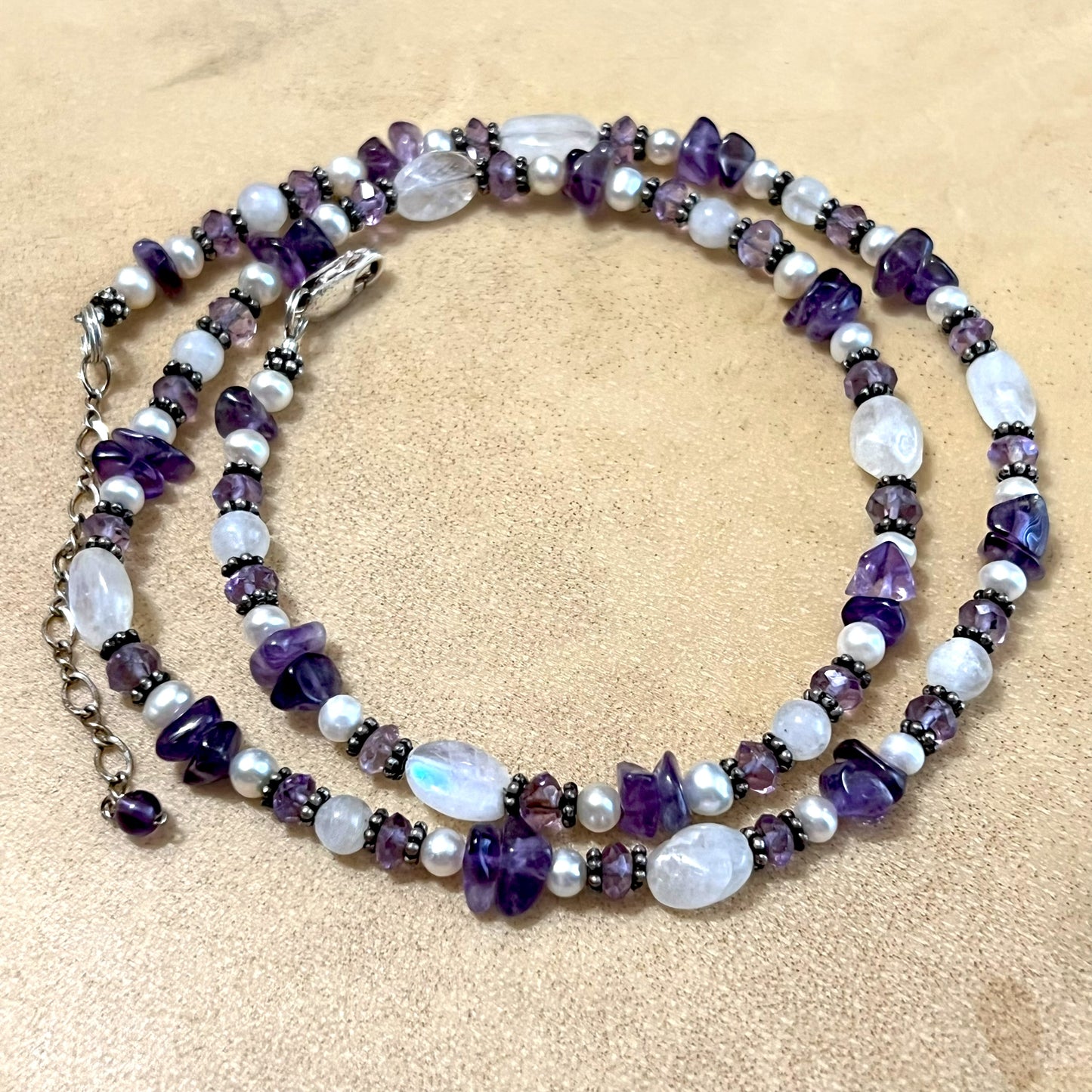 Amethyst, Rainbow Moonstone, & Pearl Vintage Beaded 925 Sterling Silver Necklace