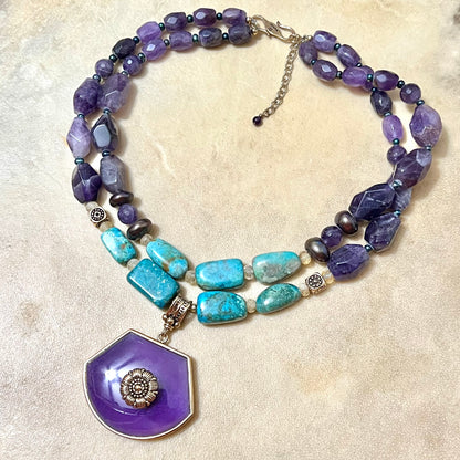 Amethyst, Pearl, & Turquoise Beaded Vintage Necklace by Barse