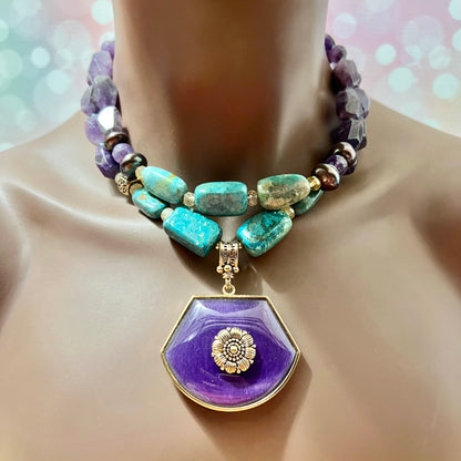 Amethyst, Pearl, & Turquoise Beaded Vintage Necklace by Barse