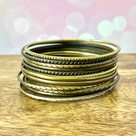 Vintage Antiqued Brass Tone Bracelet Stack of 12 Bangles