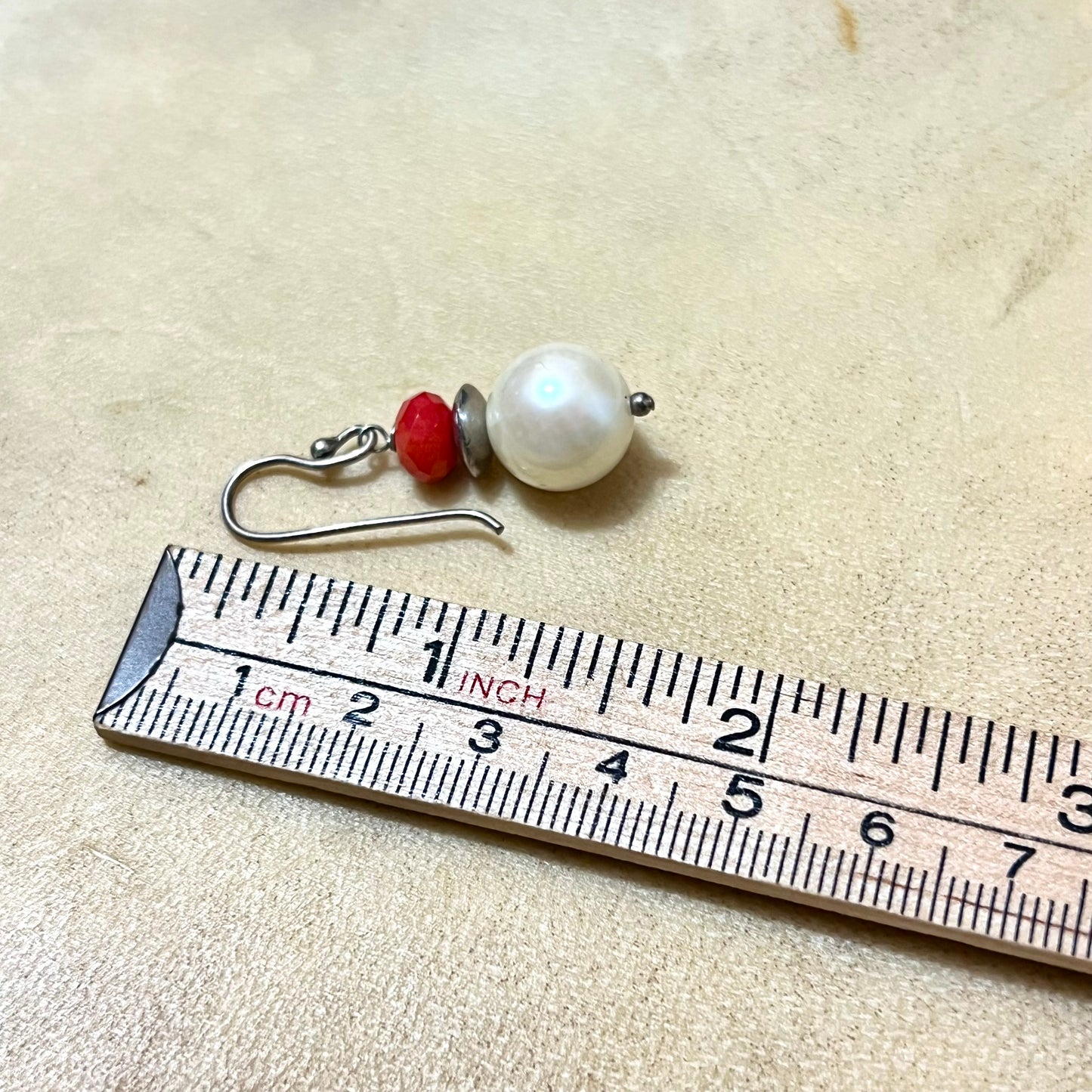 Vintage Faux Pearl Sterling Silver Necklace & Earrings Set with Red Accents