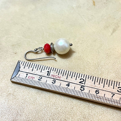 Vintage Faux Pearl Sterling Silver Necklace & Earrings Set with Red Accents
