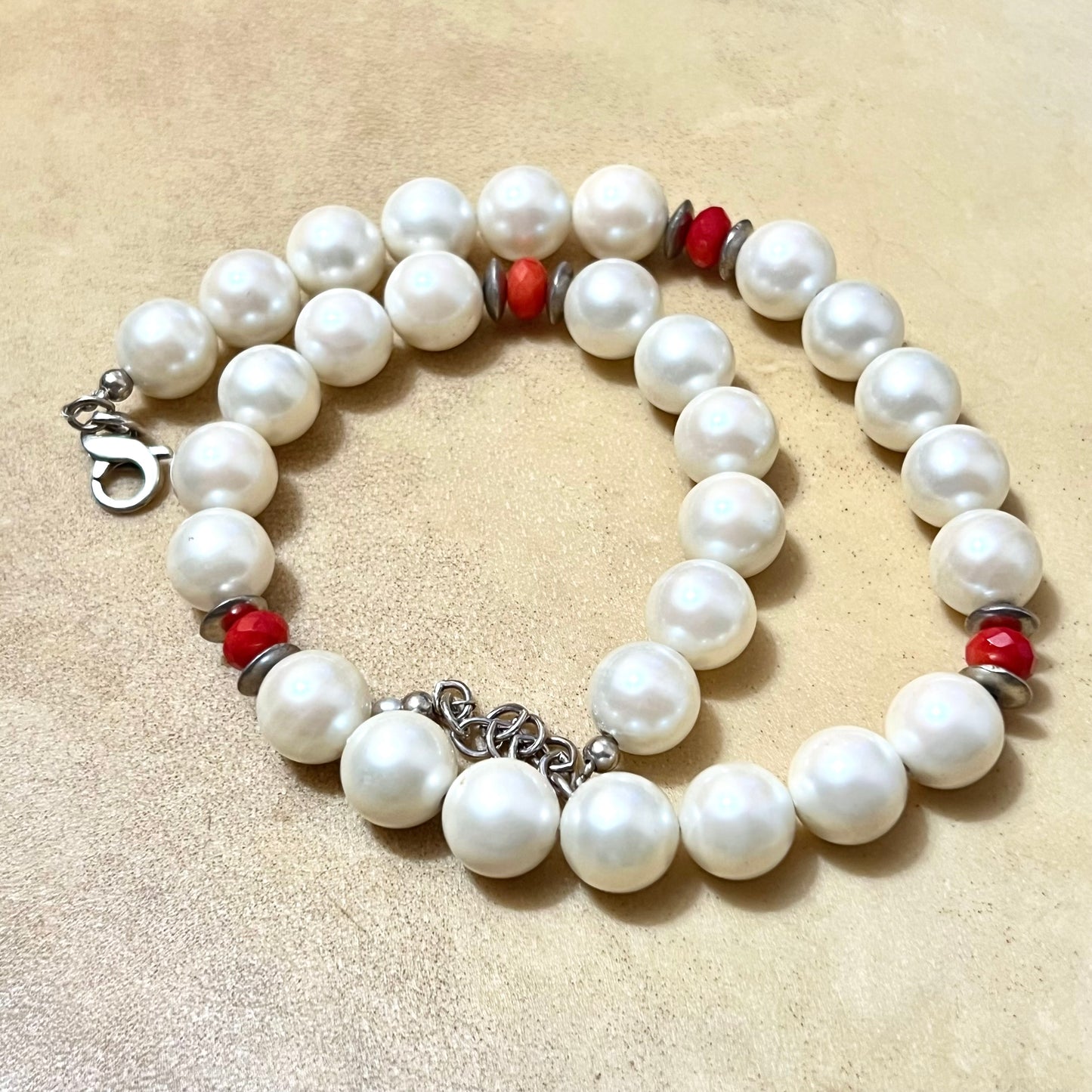 Vintage Faux Pearl Sterling Silver Necklace & Earrings Set with Red Accents