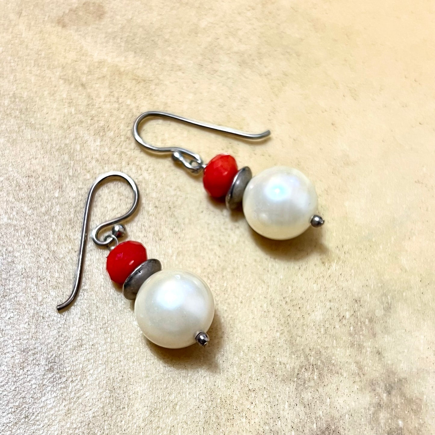 Vintage Faux Pearl Sterling Silver Necklace & Earrings Set with Red Accents