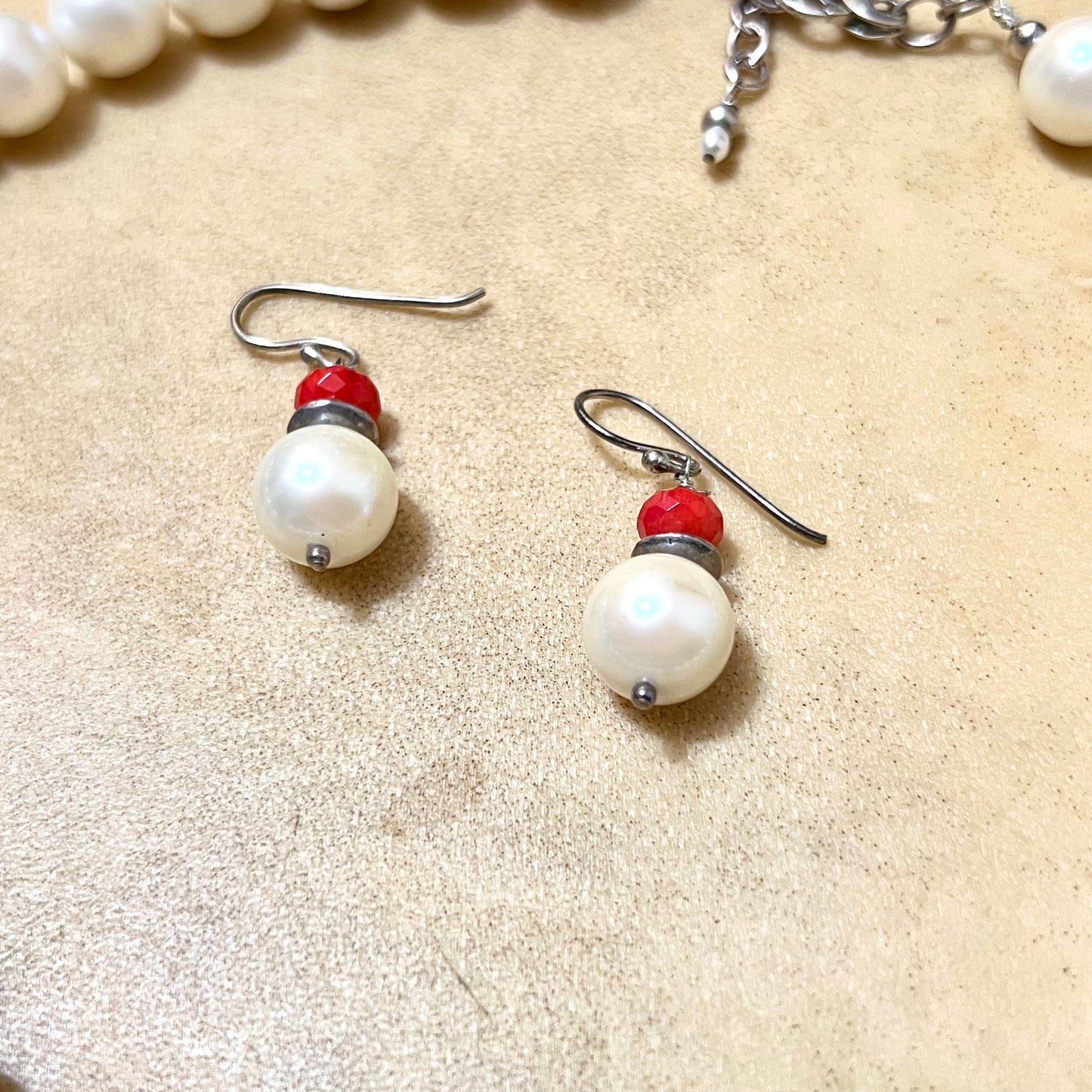 Vintage Faux Pearl Sterling Silver Necklace & Earrings Set with Red Accents