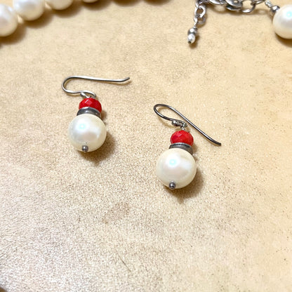 Vintage Faux Pearl Sterling Silver Necklace & Earrings Set with Red Accents