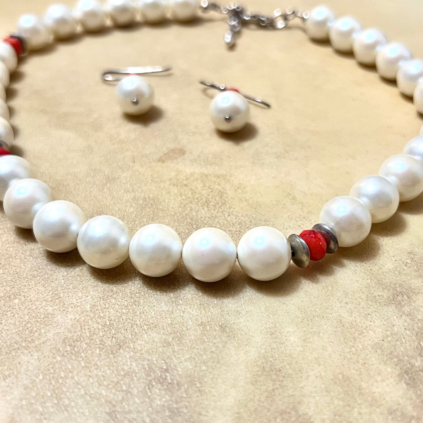 Vintage Faux Pearl Sterling Silver Necklace & Earrings Set with Red Accents