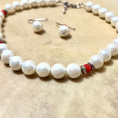 Vintage Faux Pearl Sterling Silver Necklace & Earrings Set with Red Accents