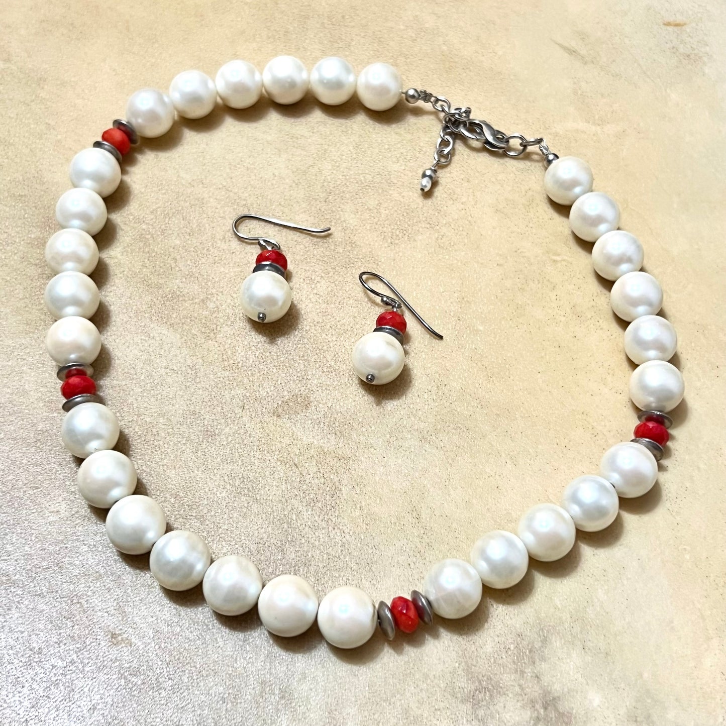 Vintage Faux Pearl Sterling Silver Necklace & Earrings Set with Red Accents
