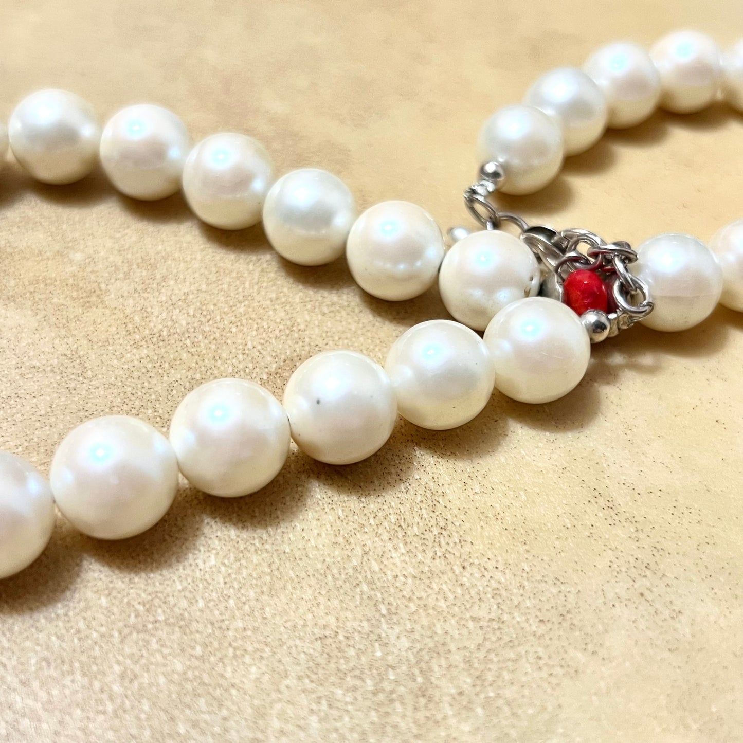 Vintage Faux Pearl Sterling Silver Necklace & Earrings Set with Red Accents