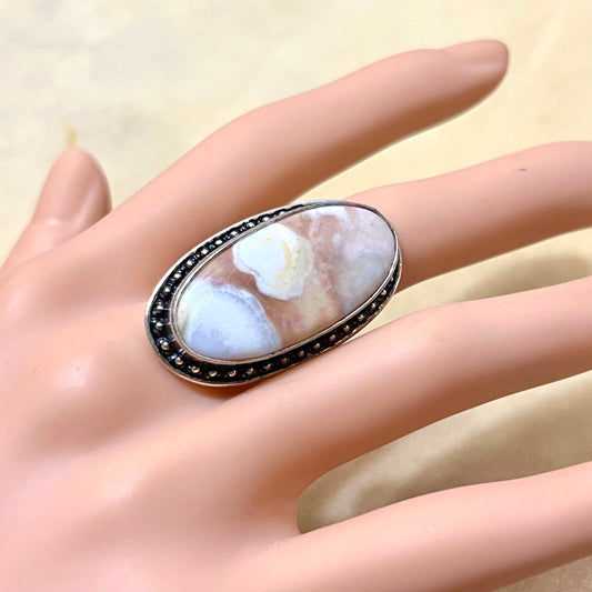Flower Agate Oval Statement Ring Size 6.5