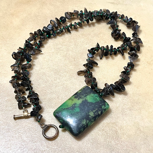 Smoky Quartz Chip Bead Necklace with Vintage Green Stone Pendant