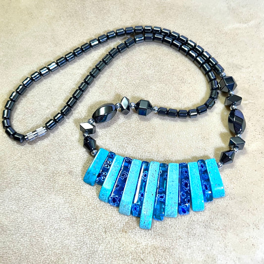 Hematite & Faux Turquoise Fan Beaded Necklace