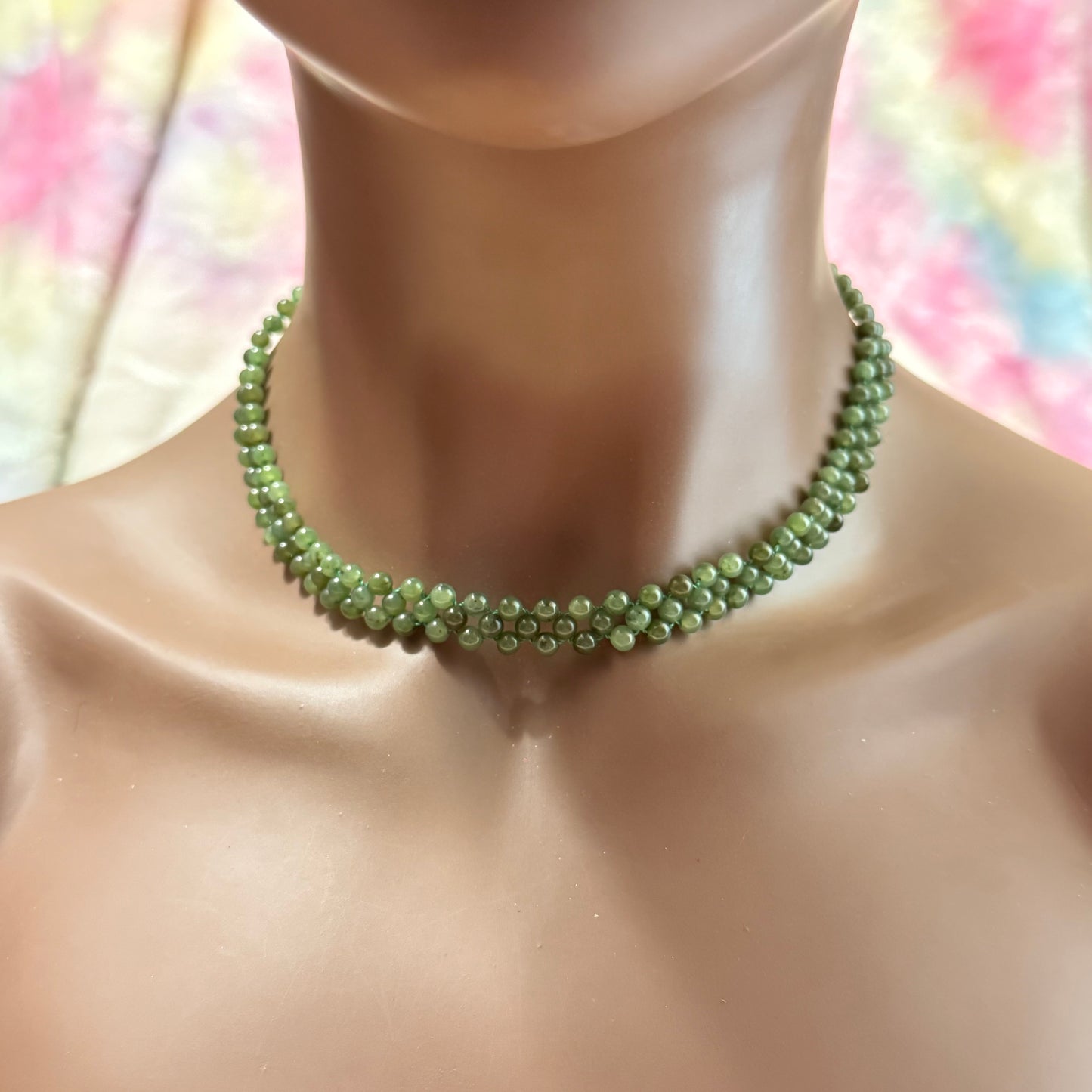 Green Jade Beaded Choker Necklace & Bracelet Vintage Jewelry Set