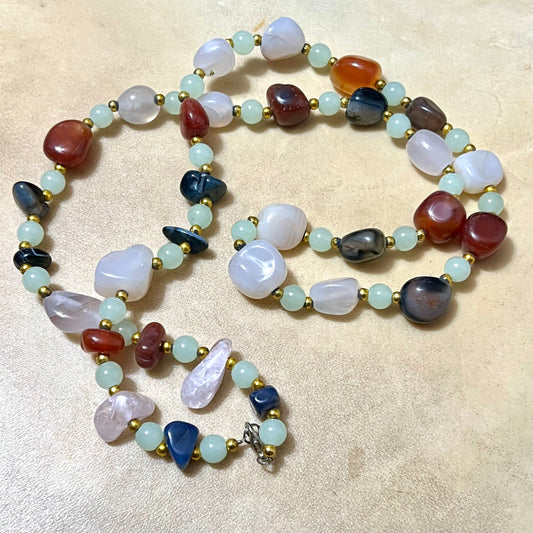 1960s Vintage Gemstone Beggars Beads with Green Glass Accents