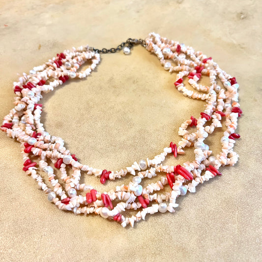 Angel Skin & Red Coral Sterling Silver Vintage Beaded Necklace