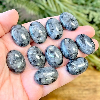 Flashy larvikite crystal cabochons, also called black labradorite