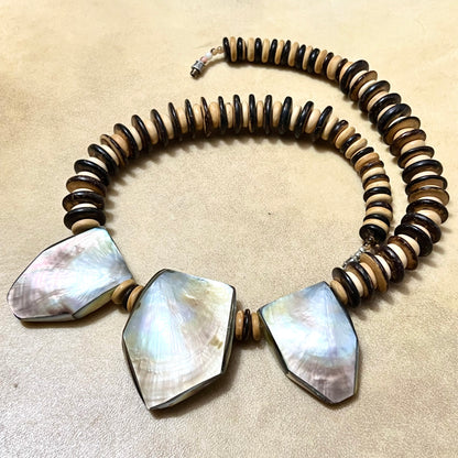 Mother of Pearl Abalone & Wood Beaded Necklace - Vintage