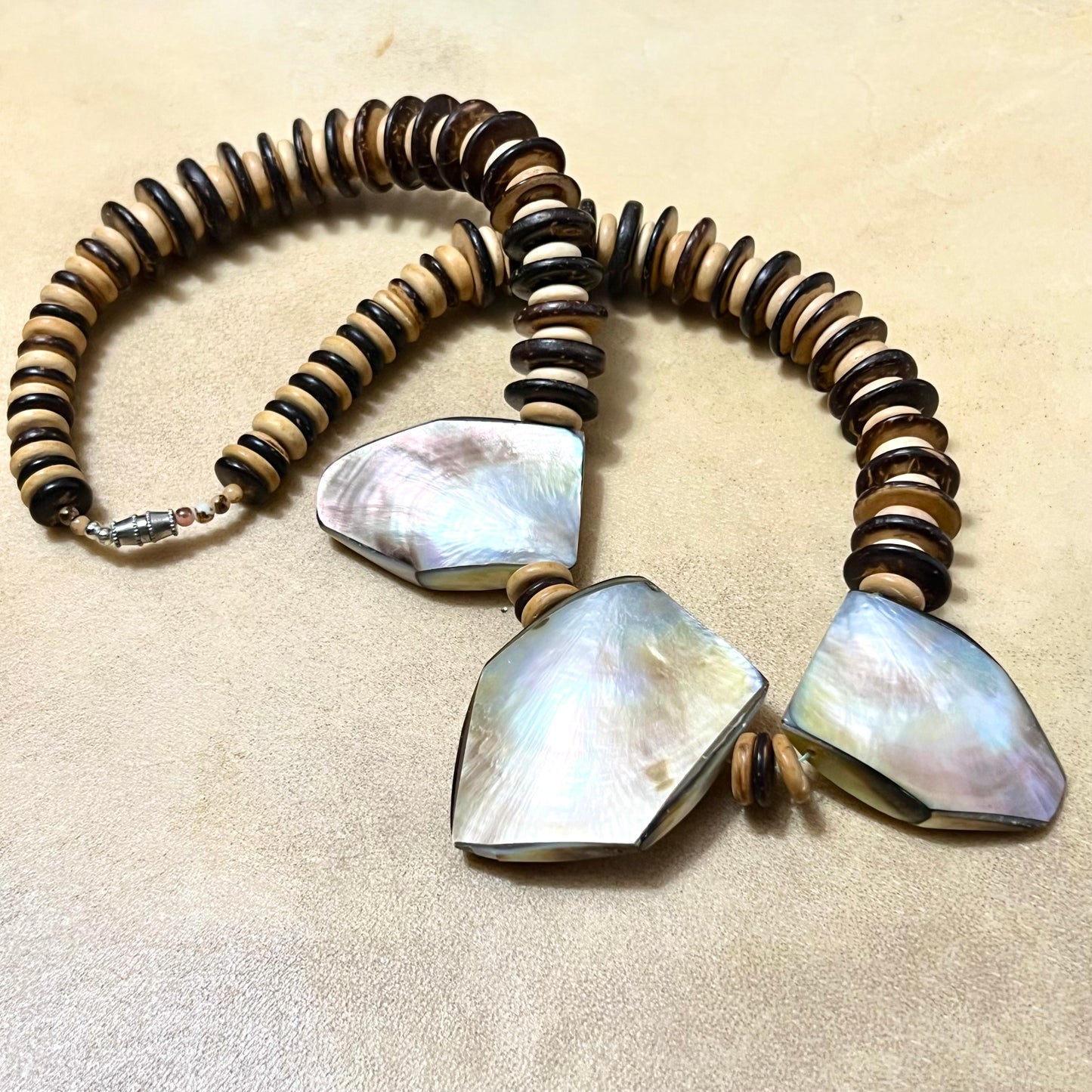 Mother of Pearl Abalone & Wood Beaded Necklace - Vintage