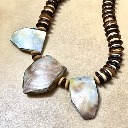 Mother of Pearl Abalone & Wood Beaded Necklace - Vintage