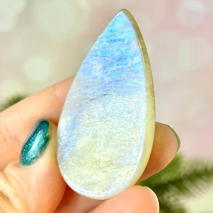 Teardrop-shaped rainbow moonstone held in a hand with blurred background