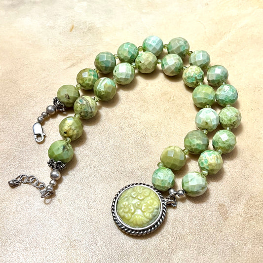 Spring Green Serpentine Faceted Vintage Necklace with Sterling Silver Flower Pendant