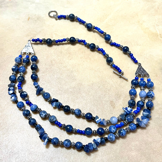 Sodalite Layered Vintage Beaded Necklace with Triangle Accents