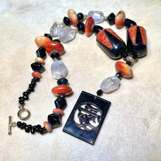 Sponge Coral & Smokey Quartz Vintage Necklace with Agate Love Pendant