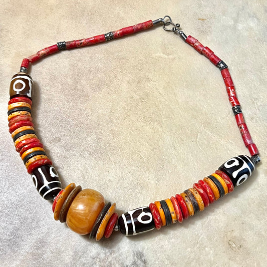 Bone & Red Coral Vintage Beaded Boho Necklace