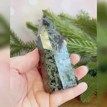 Chinese Writing Stone Faceted Crystal Tower