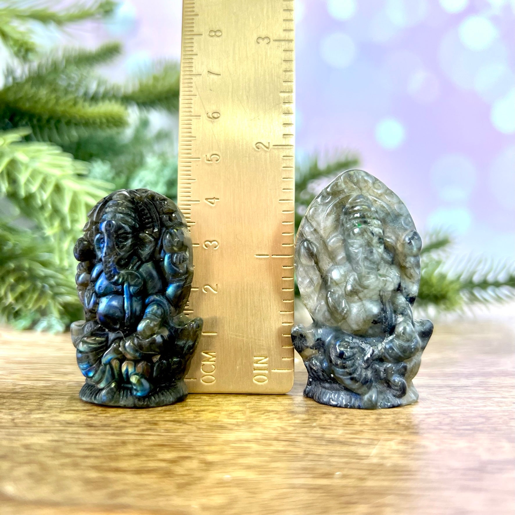 a close up of two figurines near a ruler