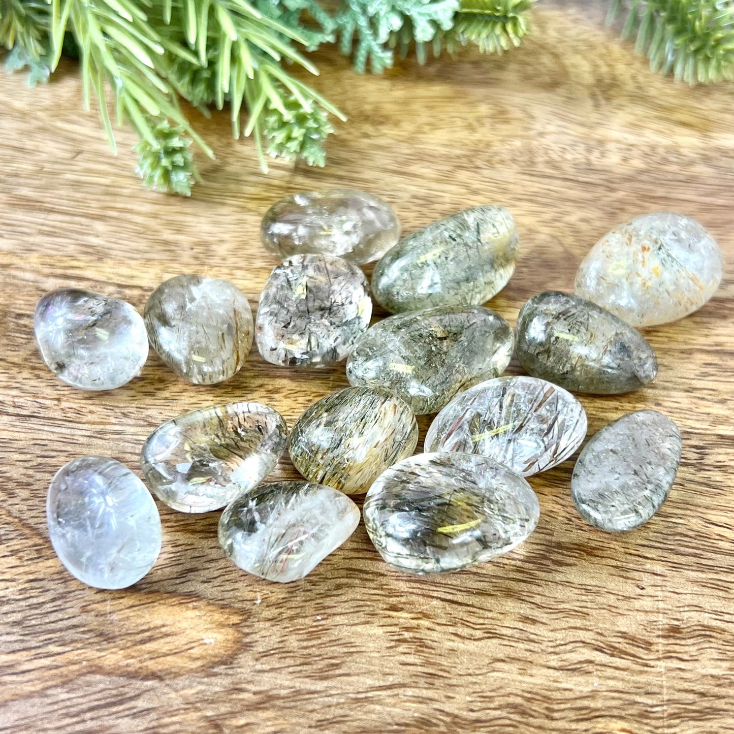 Green Tourmaline in Clear Quartz Tumbled Crystal - You get one