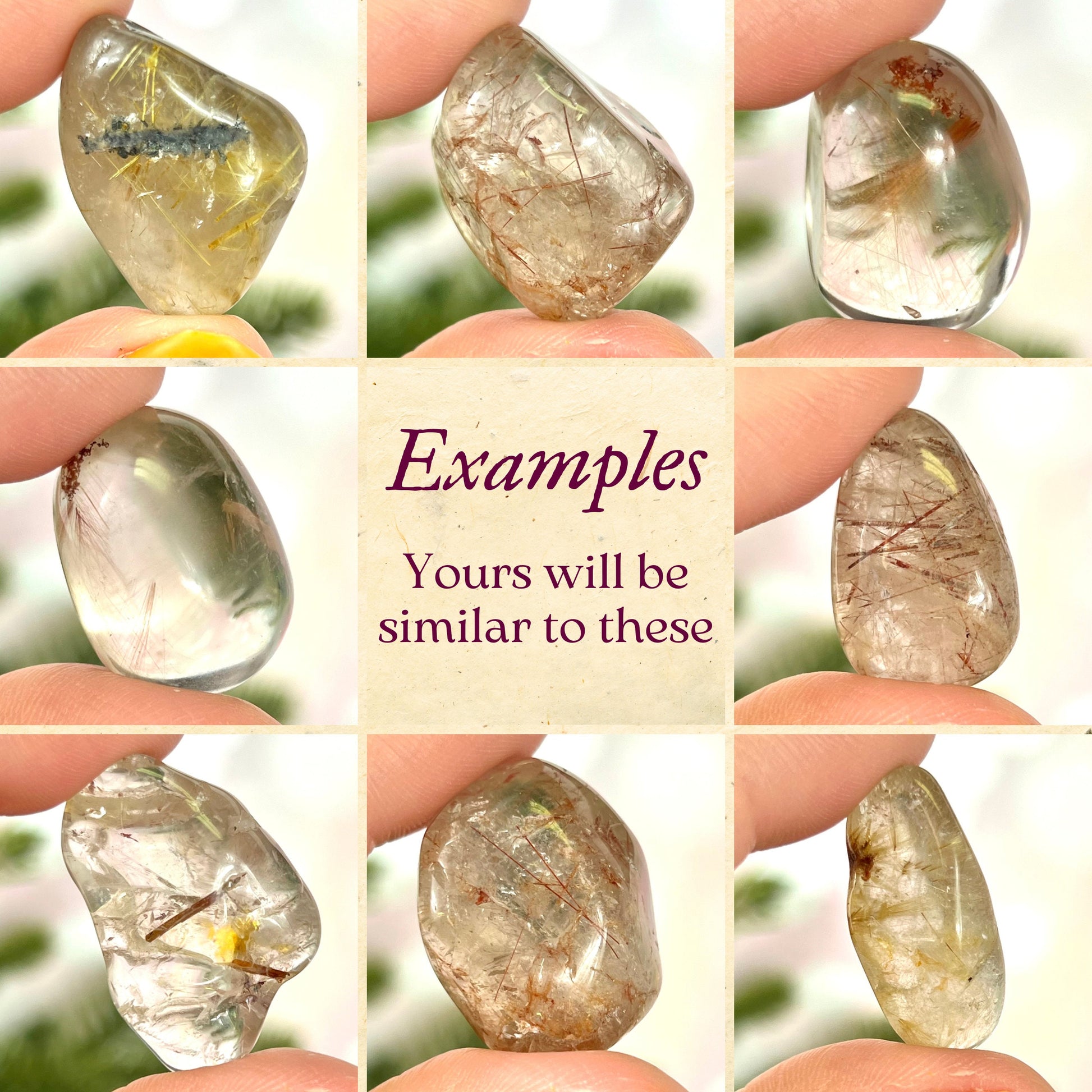 a collage showing a group of Golden rutilated quartz tumbled crystals
