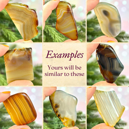 A collage showing examples of eight different polished Agate slices. They are natural crystals and not dyed.