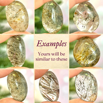 Green Tourmaline in Clear Quartz Tumbled Crystal - You get one