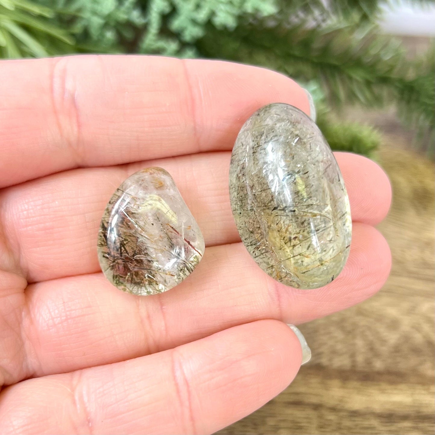 Green Tourmaline in Clear Quartz Tumbled Crystal - You get one