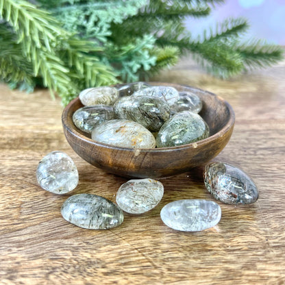 Green Tourmaline in Clear Quartz Tumbled Crystal - You get one