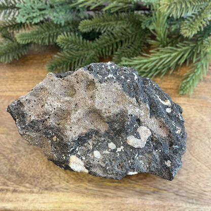 Image of a large, rough chunk of black Lava Rock Stone on a wooden table. Has rough texture with lots of holes, and white Quartz growing in spots.