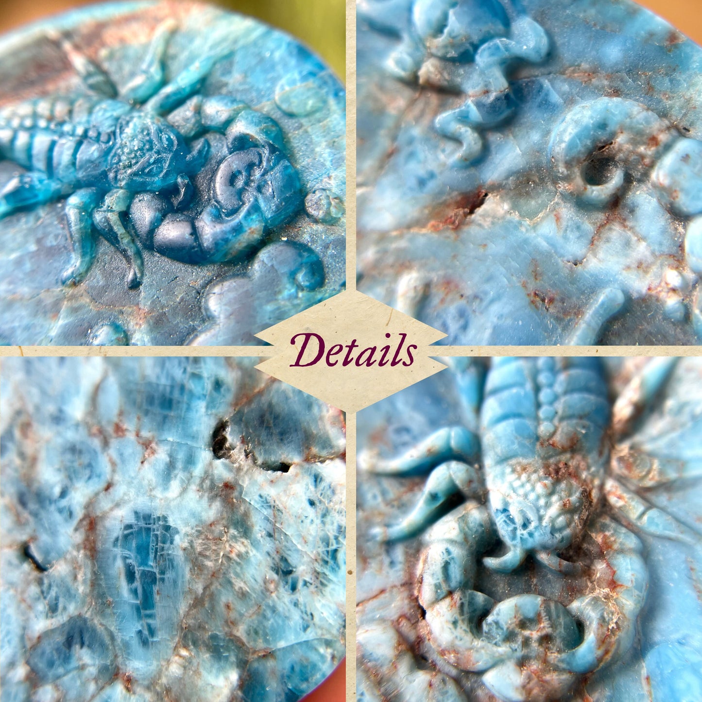 Scorpion Blue Apatite Crystal Carved Cabochon - You get one