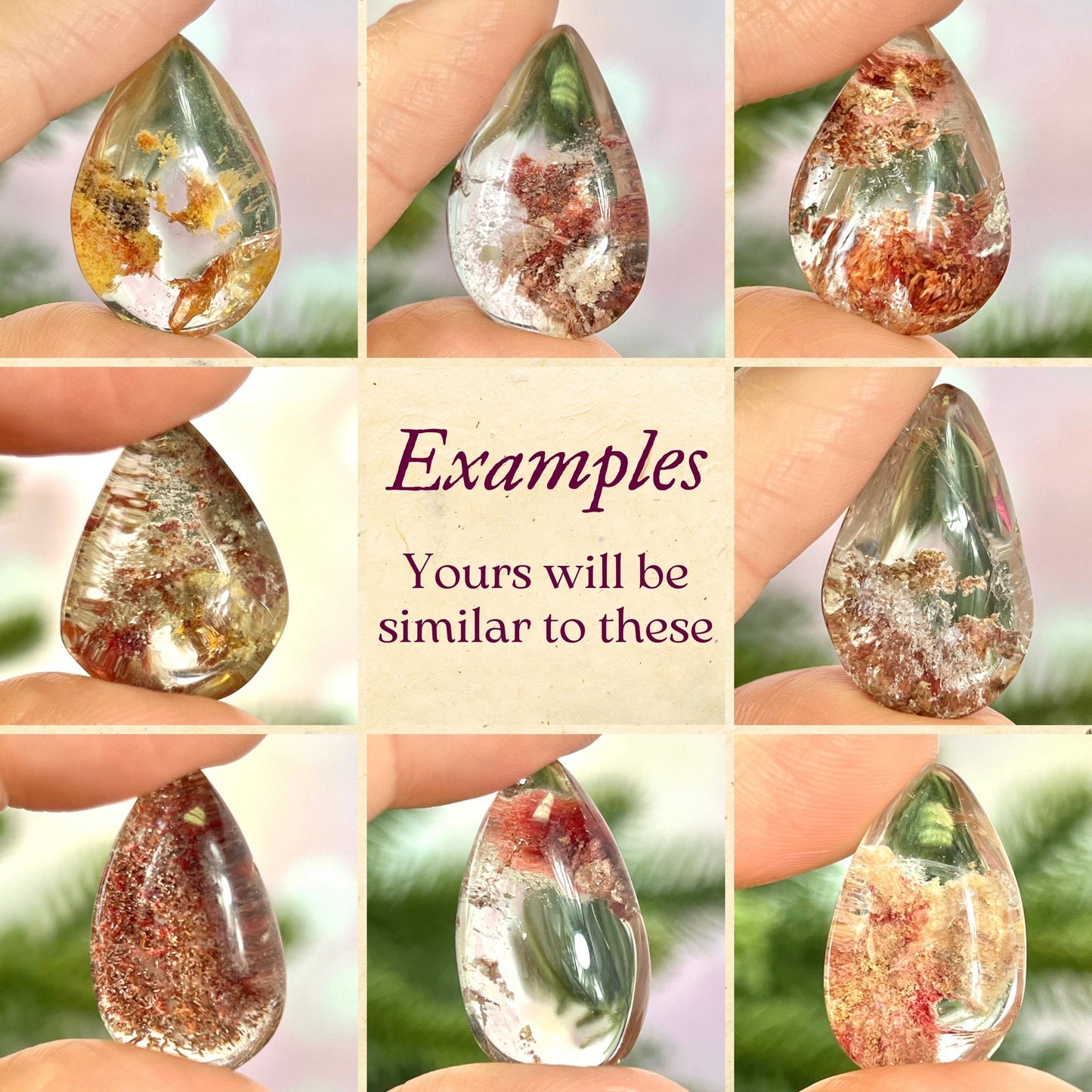 examples of tumbled crystals in a teardrop shape. They are lodolite Garden Quartz with dyed red inclusions