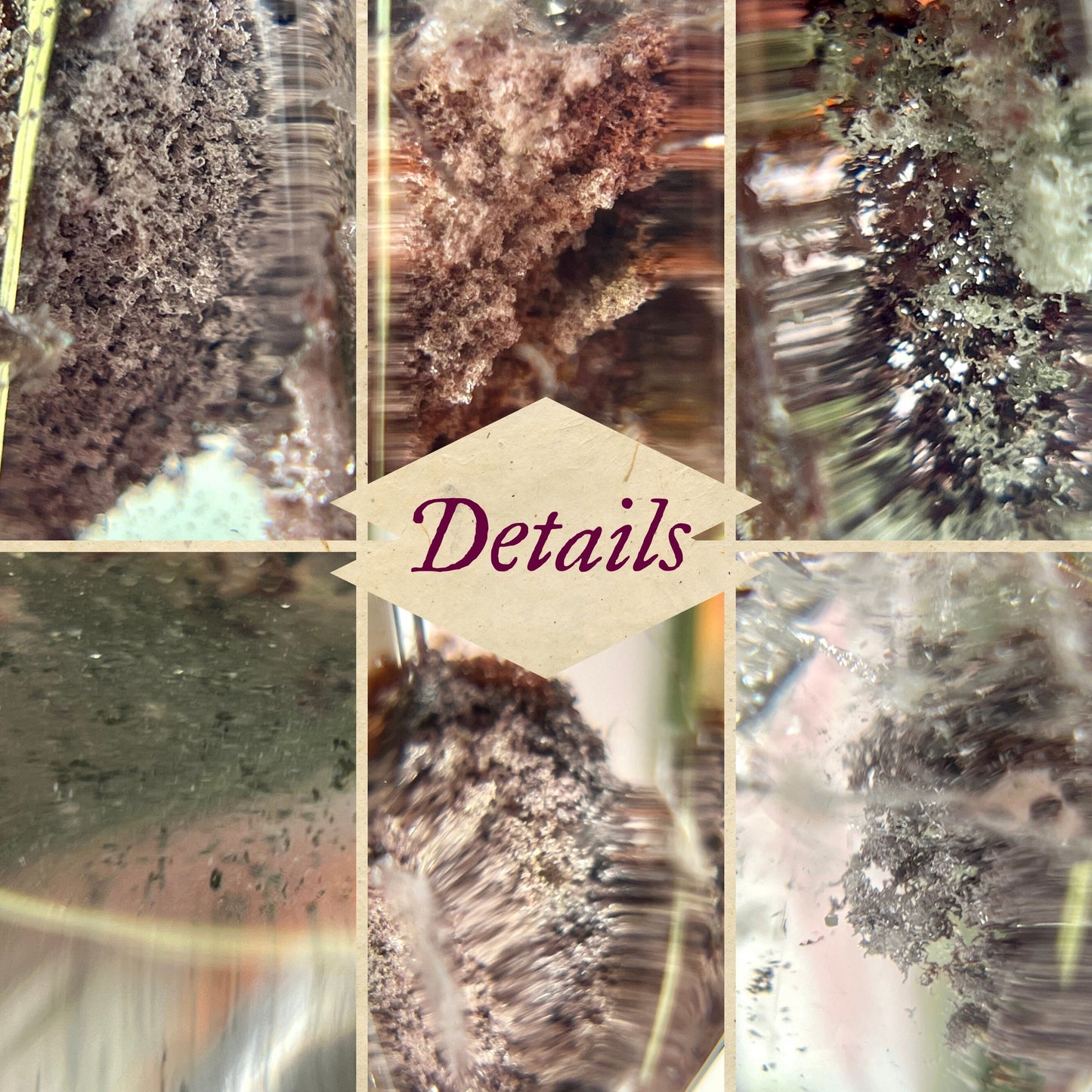 up close macro photos, zoomed in. Showing details of lodolite Garden Quartz crystal inclusions