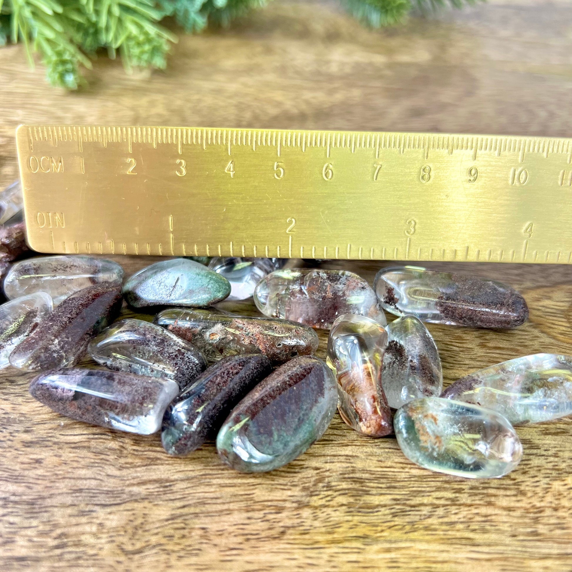 a group of lodolite Garden Quartz tumbled crystals next to a gold ruler for measure