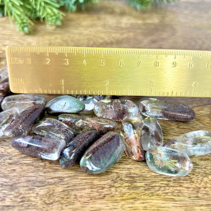 a group of lodolite Garden Quartz tumbled crystals next to a gold ruler for measure