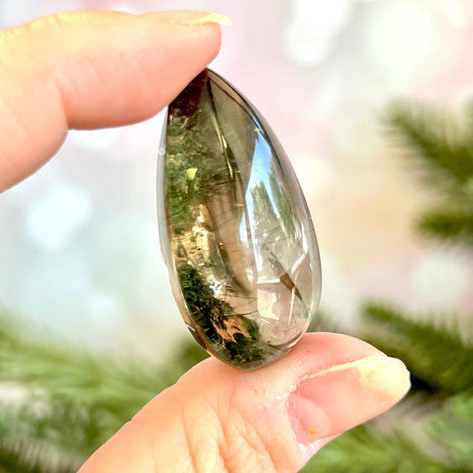 Smoky Garden Quartz Lodolite Tumbled Teardrop Crystal with Black Tourmaline