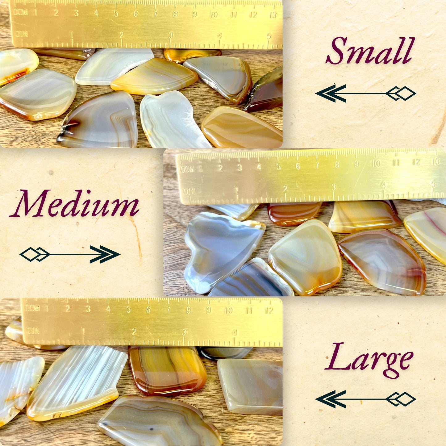 A collage showing small, medium, and large polished Agate slices next to a ruler. They are natural crystals.