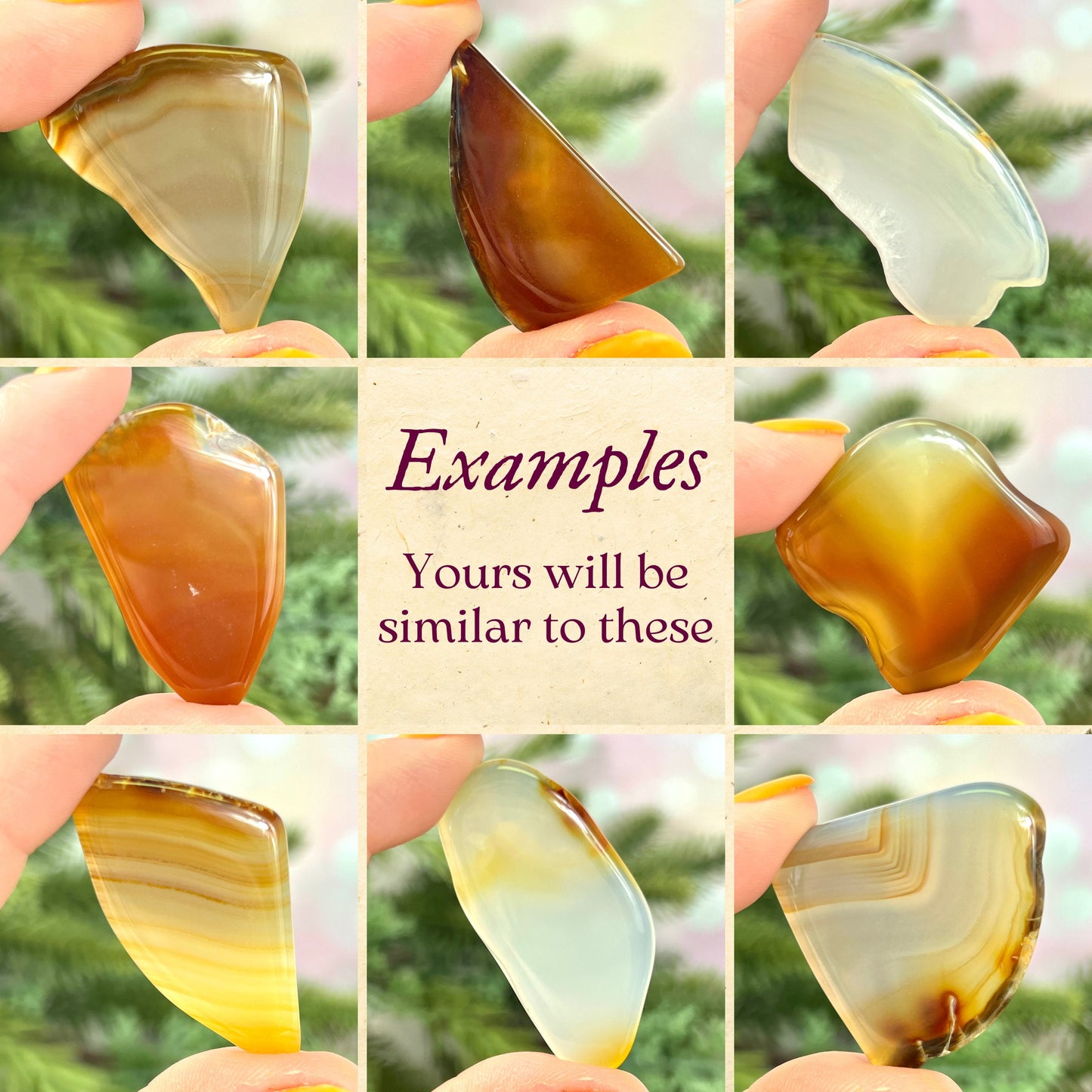 A collage showing examples of eight different polished Agate slices. They are natural crystals and not dyed.