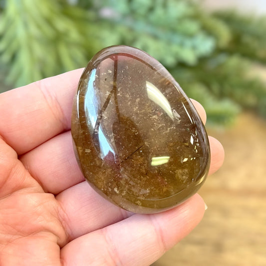 Smoky Garden Quartz polished lens. Also called Lodolite, this mini palm stone is domed and polished except for the raw bottom.