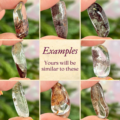 a collage featuring several pieces of lodolite Garden Quartz tumbled crystals