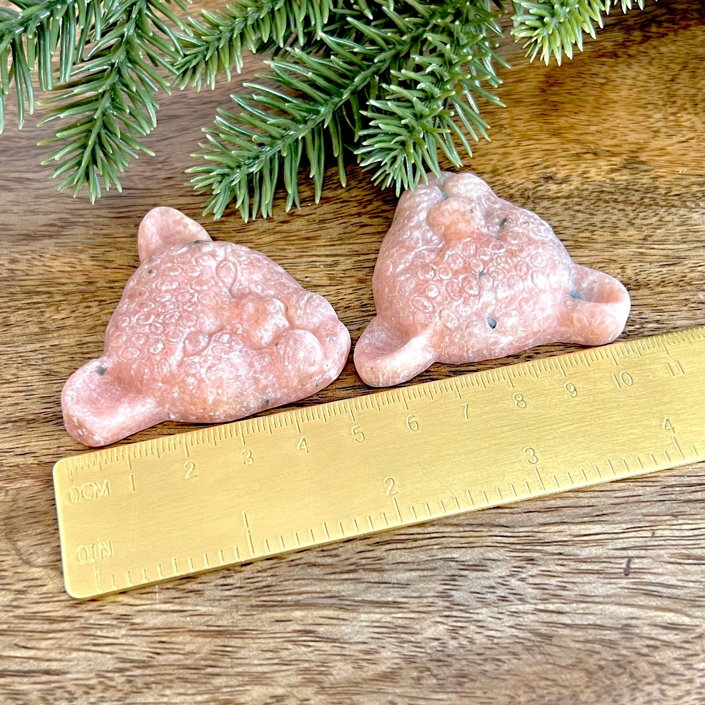 Group of two Orange Calcite carved stone cabochons in the shape of leopard heads next to a gold ruler