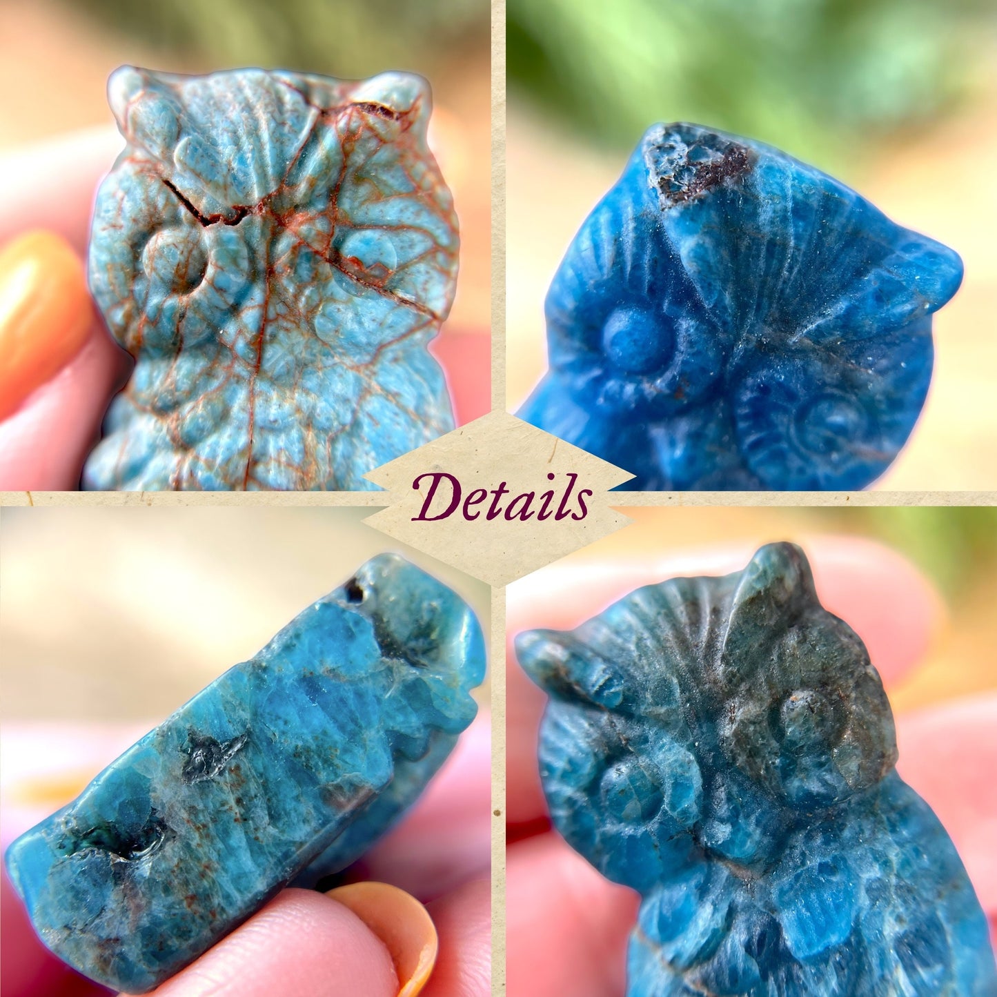 Blue Apatite carved stone cabochons featuring an Owl